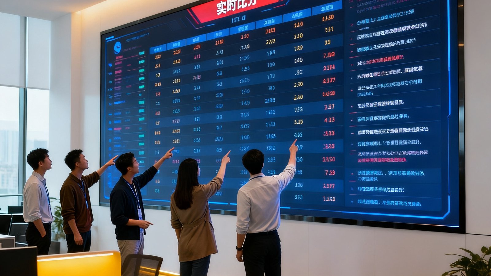 盘球吧上海办公室内景，一面巨大的数据大屏显示实时比分与赛事动态，员工正在讨论。