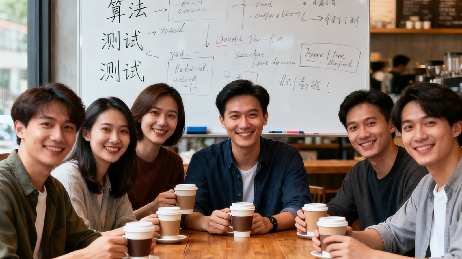 盘球吧创始团队6人在起步时的咖啡厅合影，背景有白板写满代码。